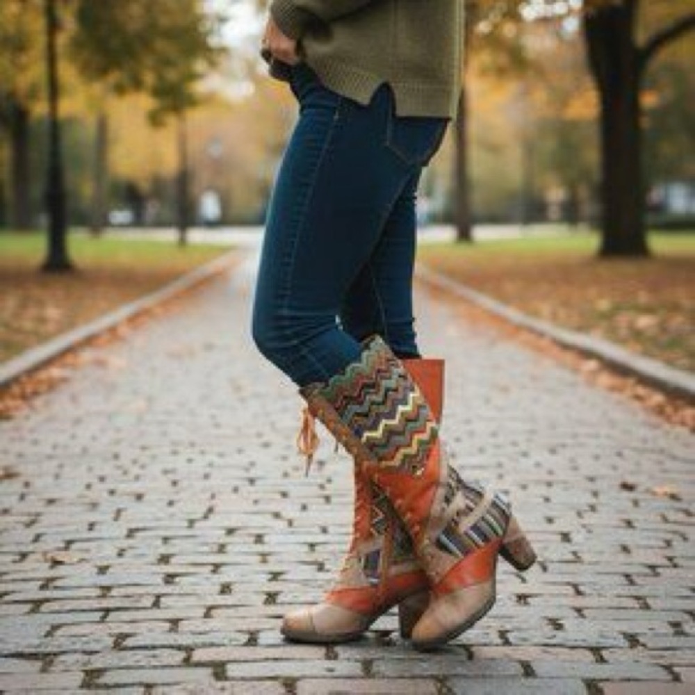 Stylish Multi-Color Women's Heeled Boots - Orange Accent
